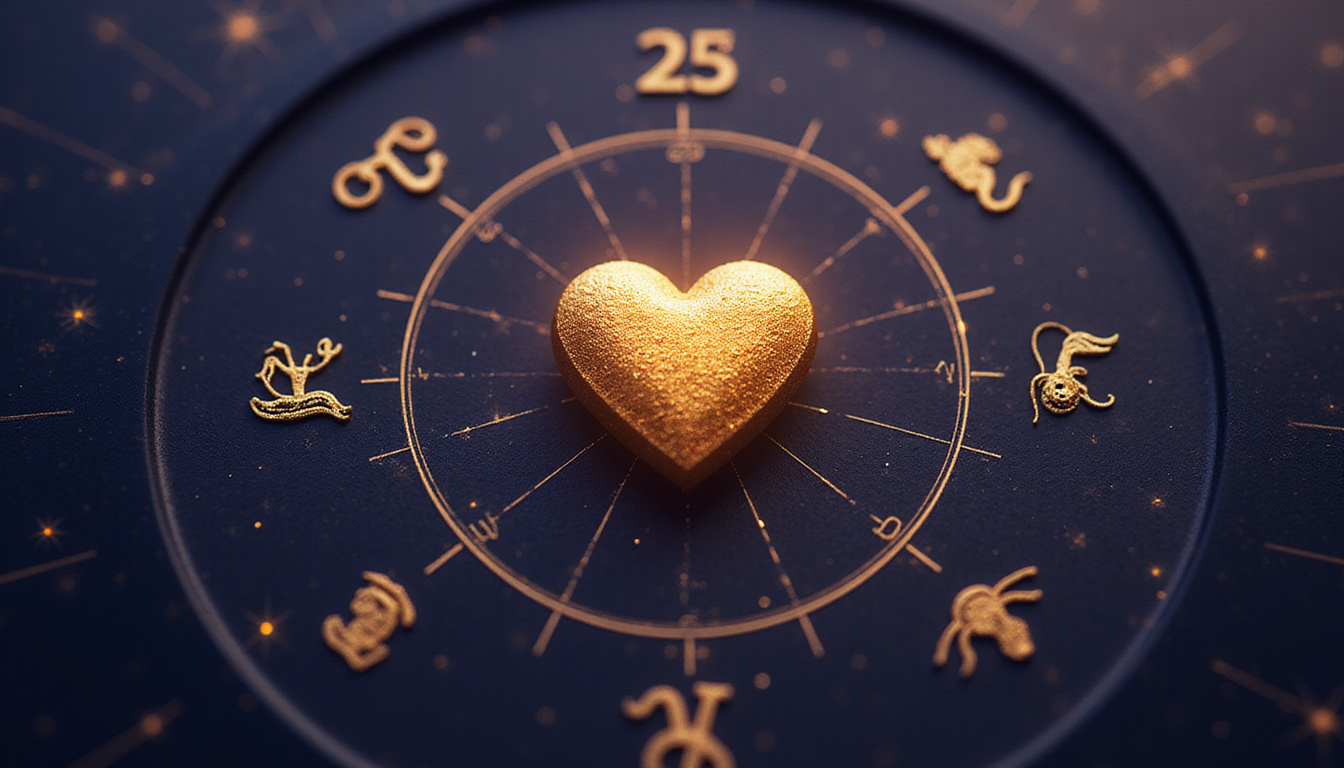 Astrological calculator interface with golden constellations, career icons and heart symbol merging, precise numeric data overlay