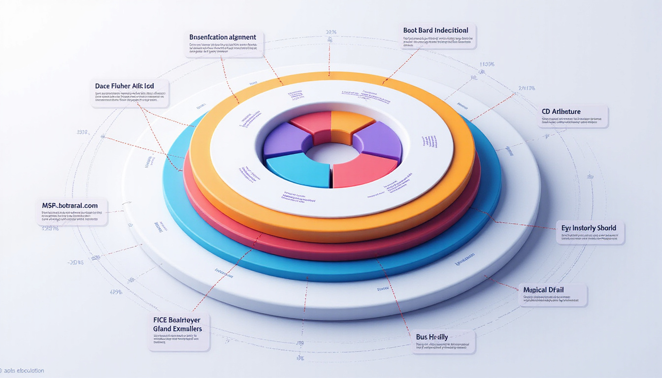  Isometric circular dashboard, layered radial segments, vibrant color gradients, animated connections and tooltips
