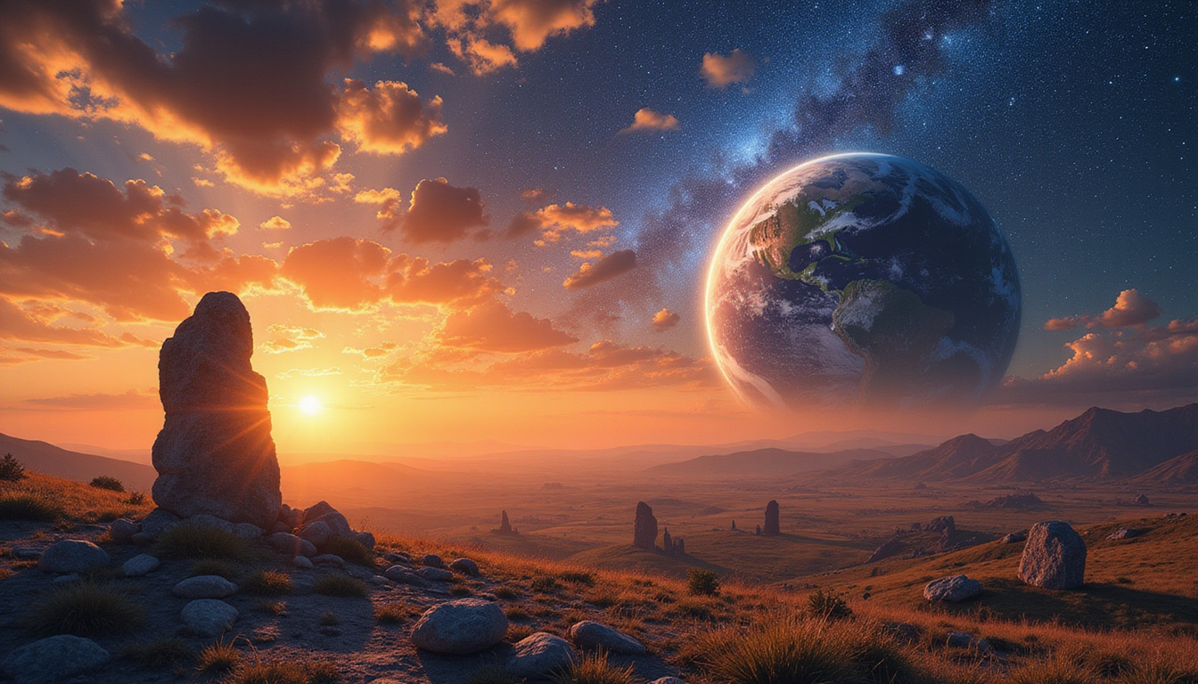  Ancient astronomers observing wobbling Earth, stone calendars and climate charts, dramatic sunset
