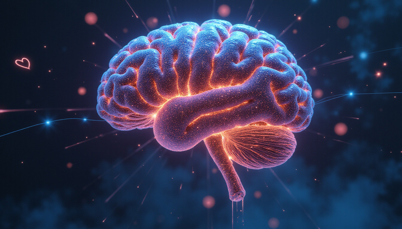  Human brains with shimmering synapses and bar magnets, data streams and heart-shaped orbiting particles
