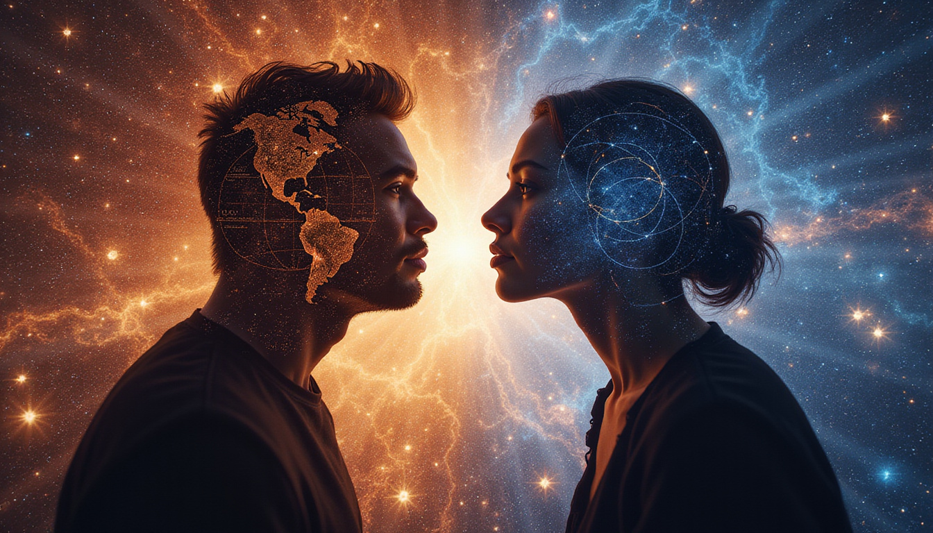  Two silhouettes exchanging astrological maps, luminous synastry lines weaving cosmic relationship tapestry