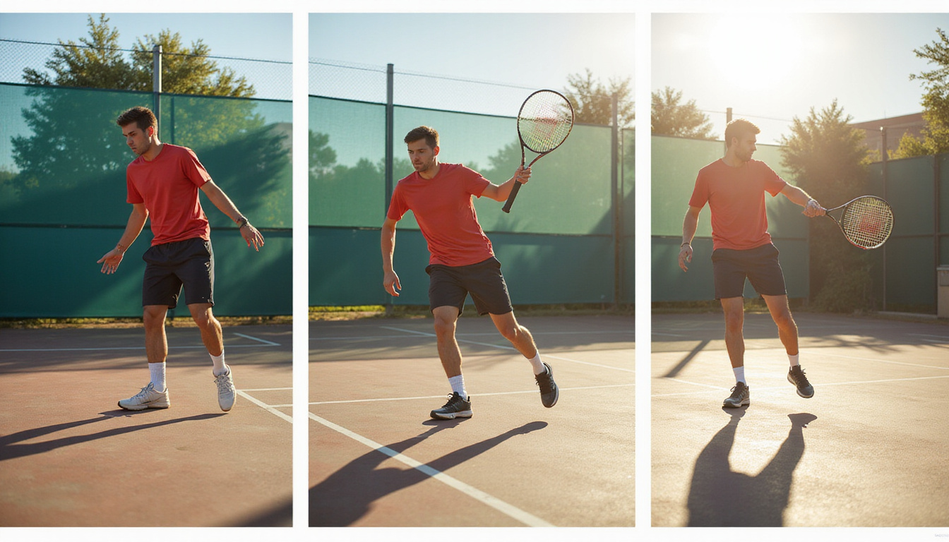  Three-frame sequence of player split-step technique, coaching overlay, sunlit court, dynamic angles