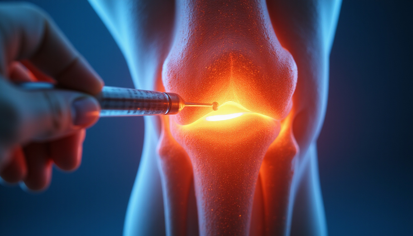  Close-up cross-section of knee showing genicular nerves, needle delivering anesthetic, glowing pain relief effect