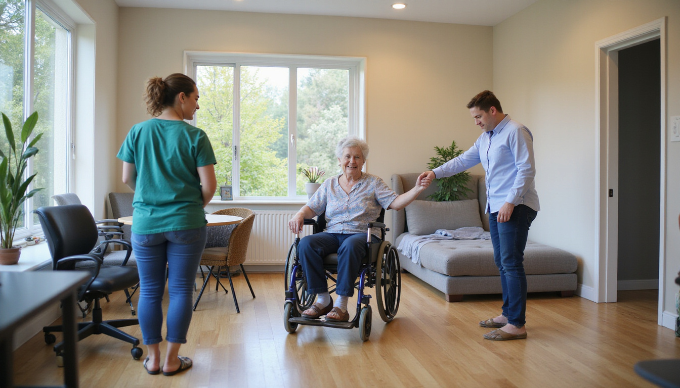 Community therapy room with adaptive equipment, occupational therapists coaching independence, energetic smiling seniors