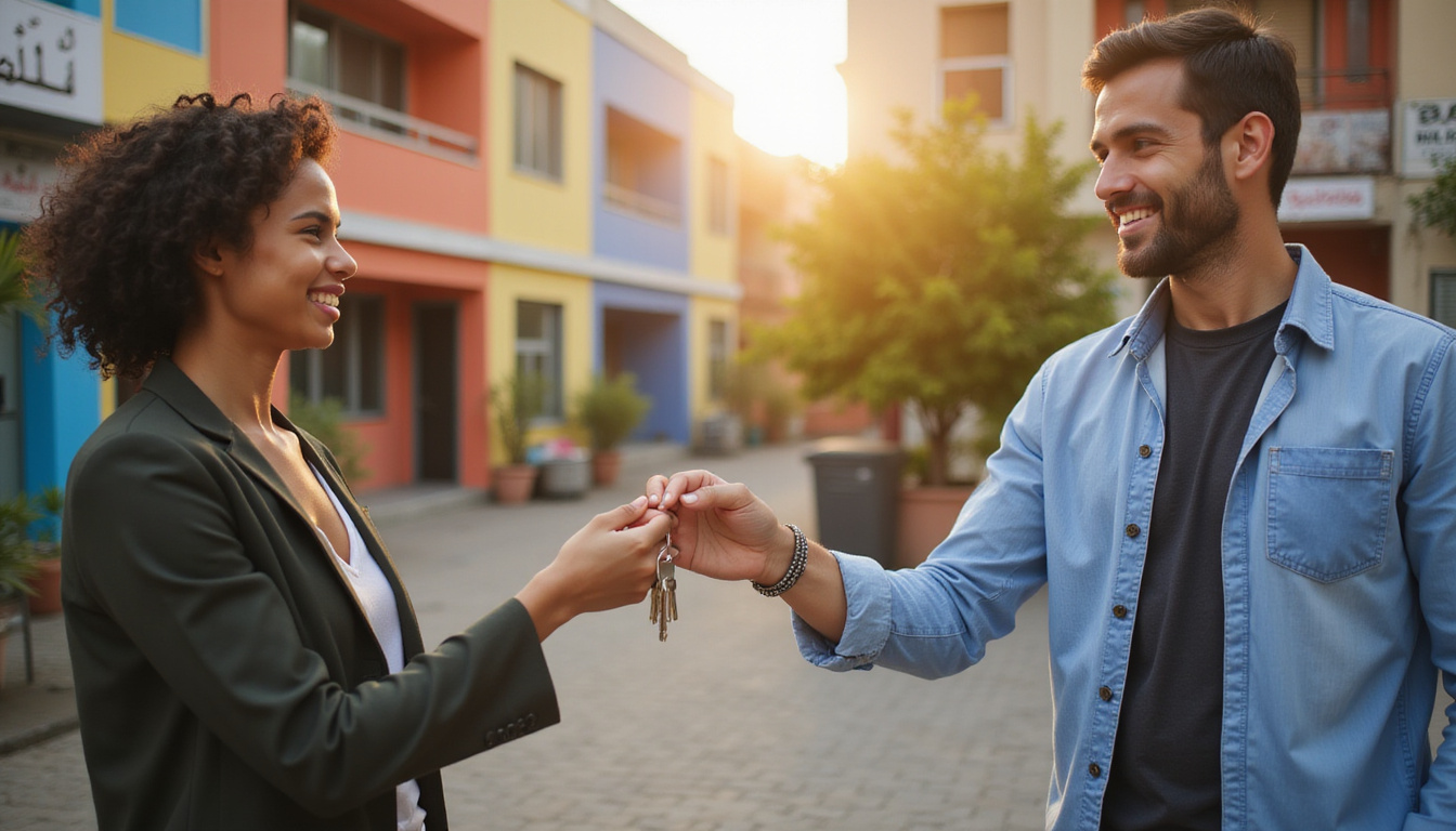 Prospective tenant handing keys to smiling landlord outside colorful building, Arabic signs, golden hour
