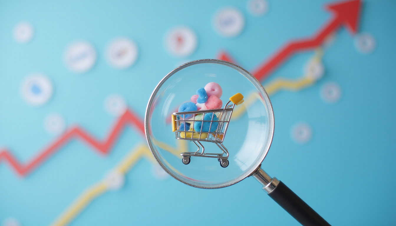  Magnifying glass focusing on shopping cart icons turning into ready customers, upward sales graph background