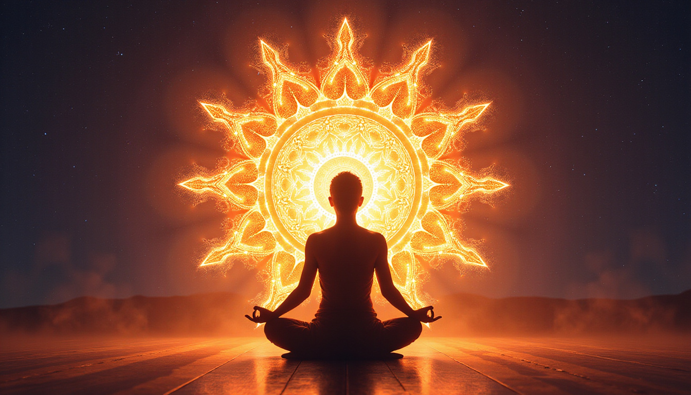  Silhouette meditator beneath ornate Om mandala, warm light, chakra alignment, peaceful aura