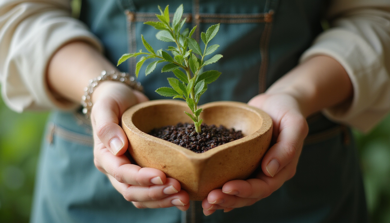  Serene herbalist hands holding hawthorn sprig over wooden heart-shaped bowl, soft bokeh