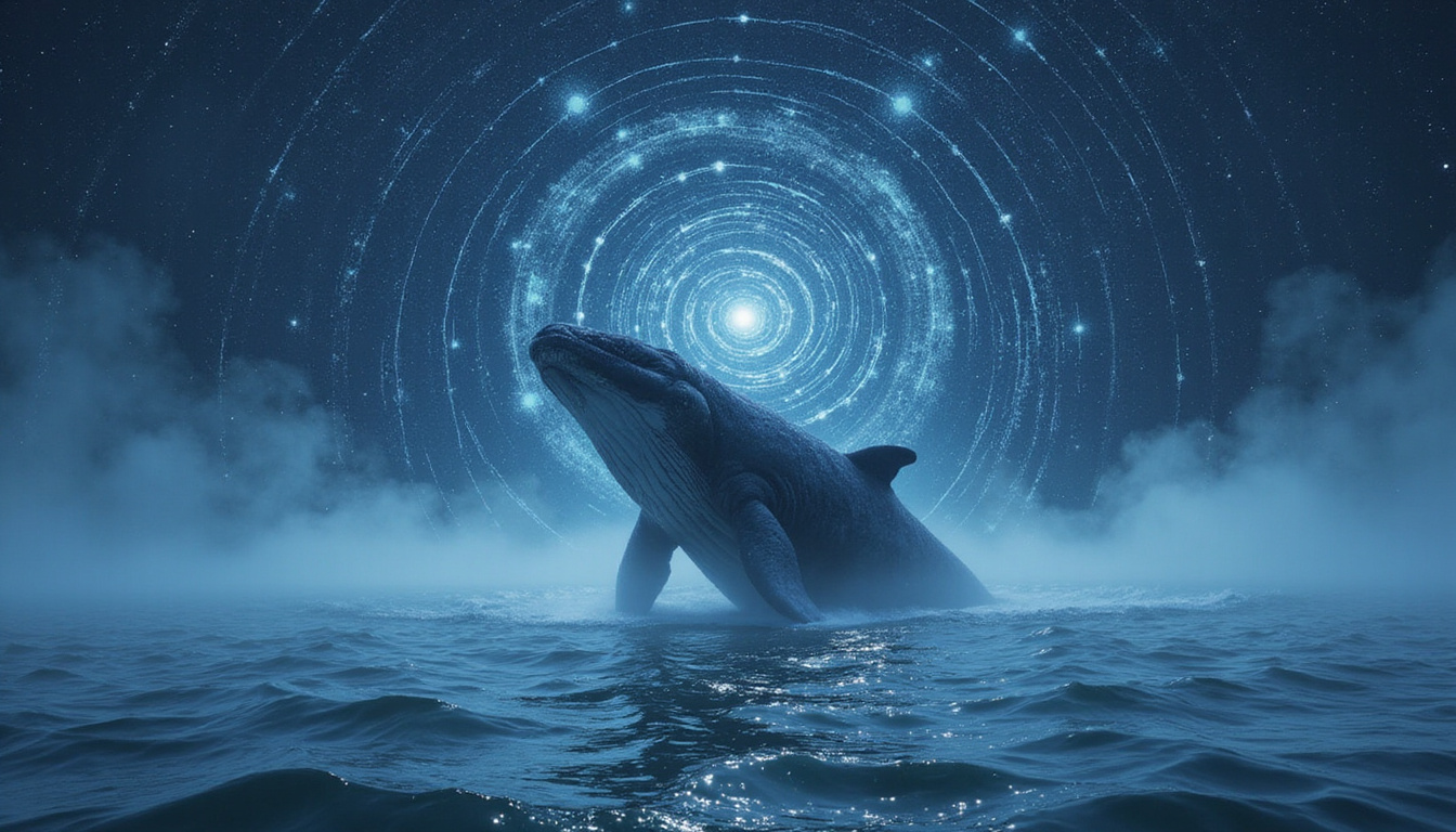  Ancient whale rising from misty sea, spiraling constellations and glowing spiritual symbols around