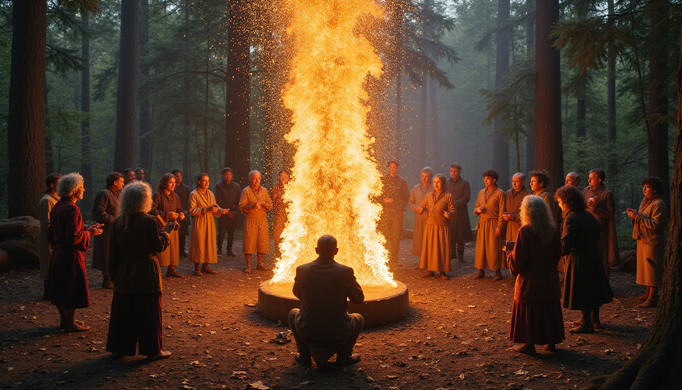  Ceremonial circle, elders chanting around massive ritual drum, luminous sound waves pulsing through forest