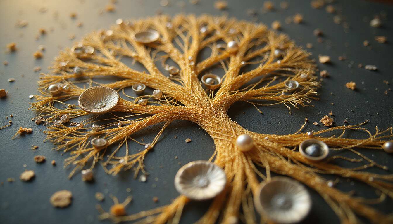  Closeup of tiny golden threads connecting ordinary objects, unfolding into towering tree of doors