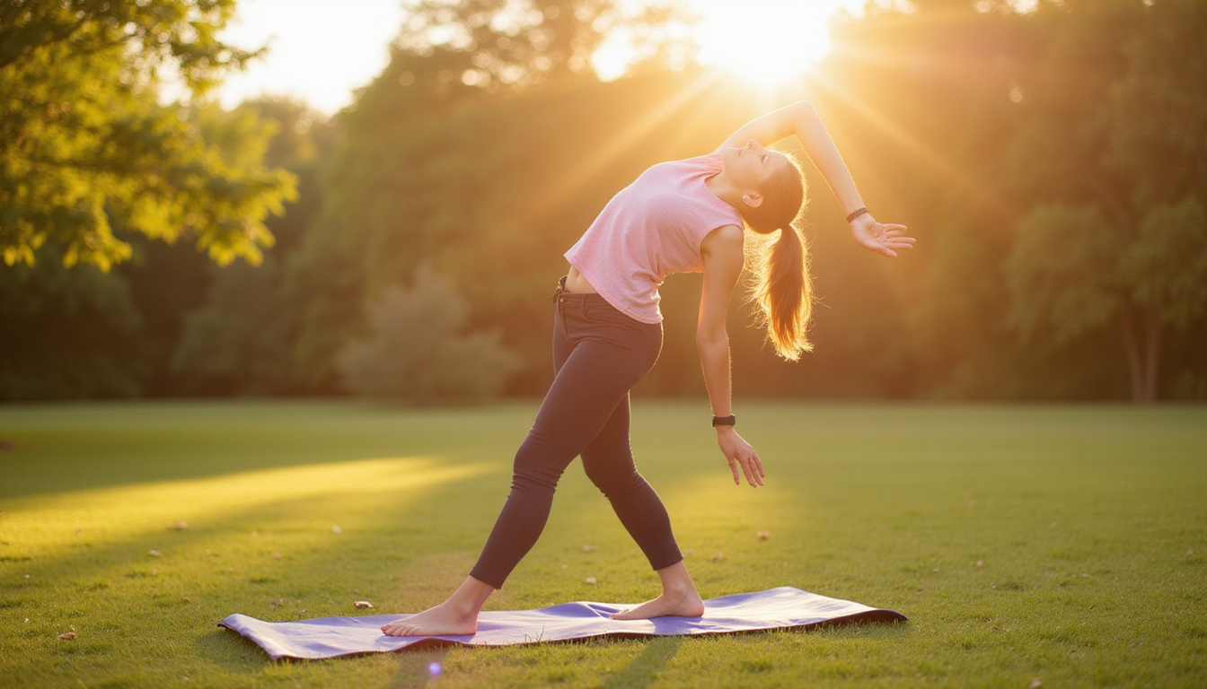 Person stretching outdoors relieving sciatica pain, warm sunlight, physical therapy exercises