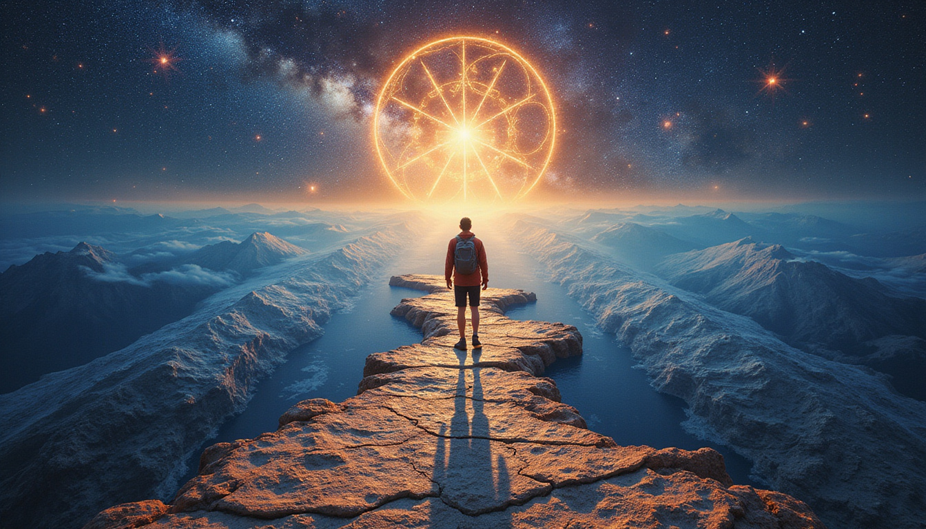 Traveler at cosmic crossroads, zodiac symbols carved into path, inner light revealing life purpose
