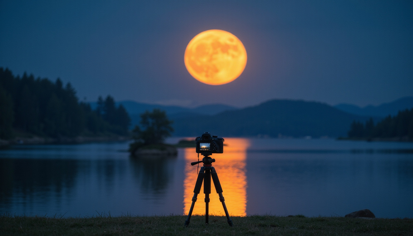  Photographer on tripod foreground, golden supermoon reflection on calm lake, long-exposure glow