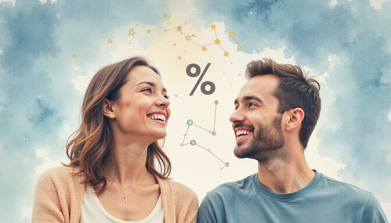 Diverse couple smiling, constellations and percentage meter above, pastel watercolor style, soft focus