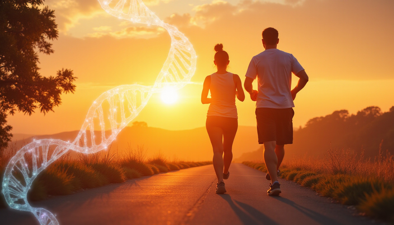  Adult couple jogging with translucent gut overlay, DNA strands and immune icons, warm sunrise