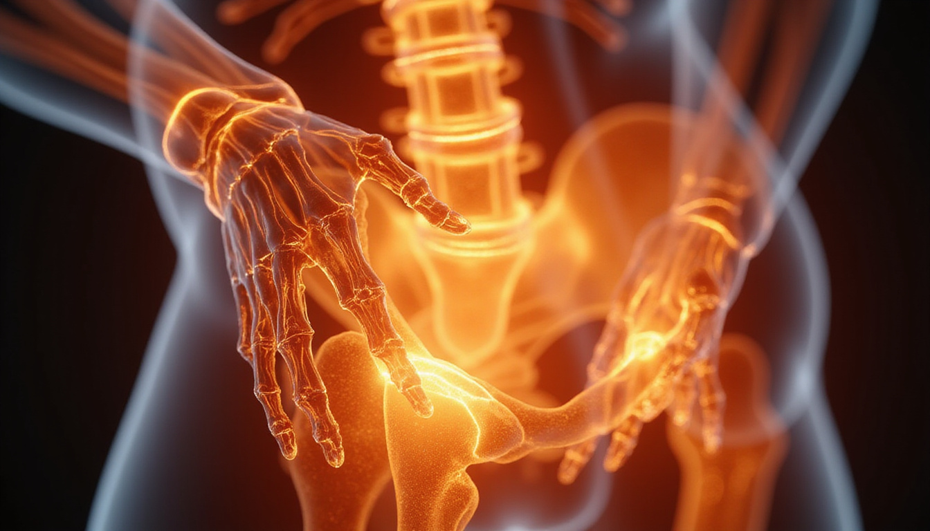 Close-up anatomical illustration, joints glowing, soft golden lines showing stiffness dissolving into motion