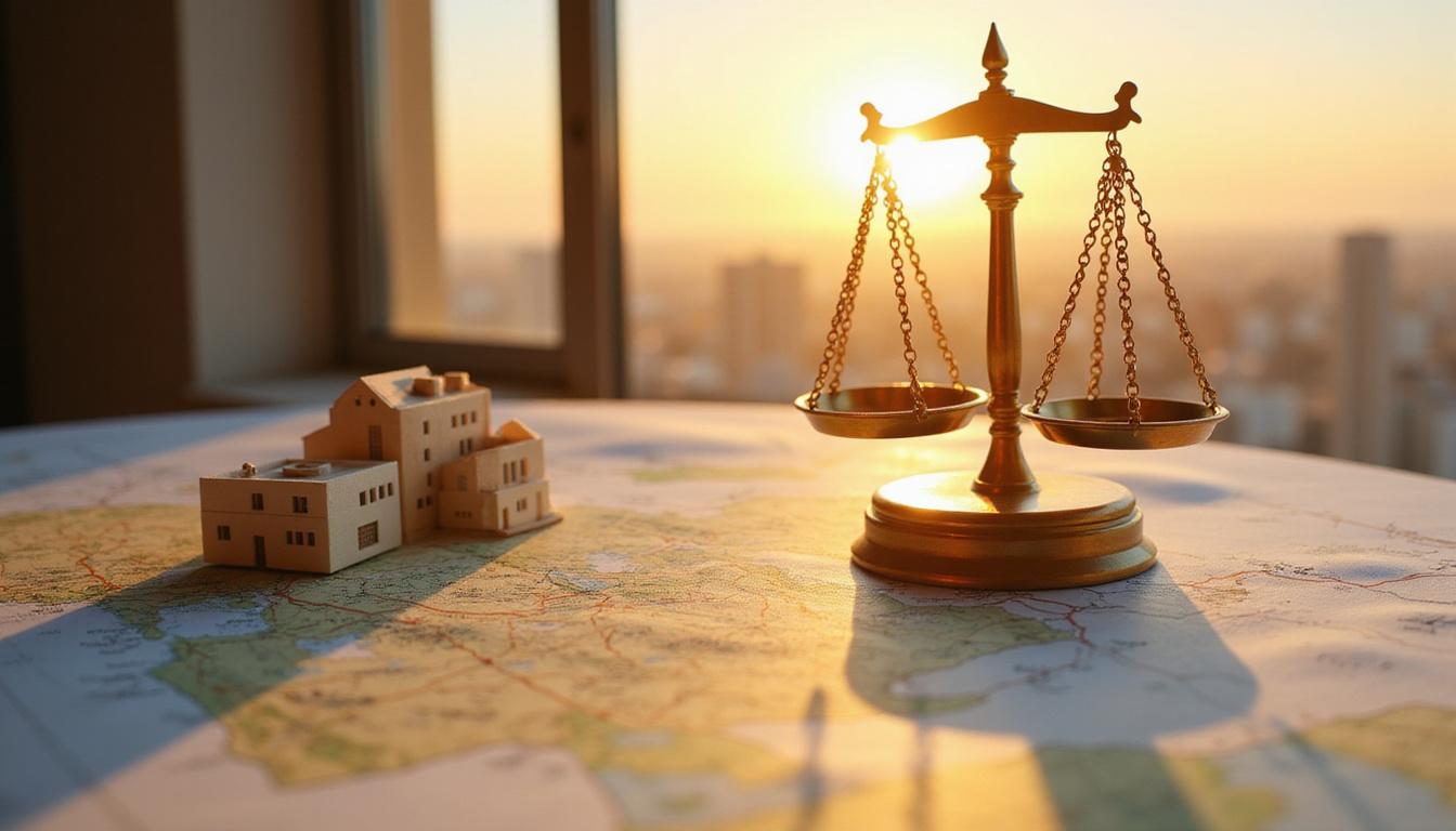  Close-up legal scales over Egyptian map, modern apartment models, blueprints, golden sunlight through window