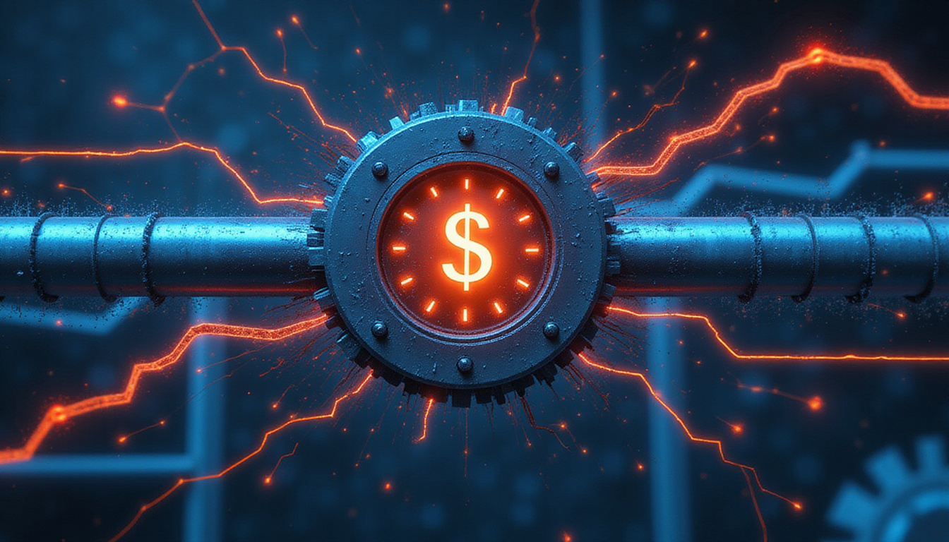 Mechanical pipeline fracturing into binary streams, clock hands racing, shielded dollar symbol preventing downtime