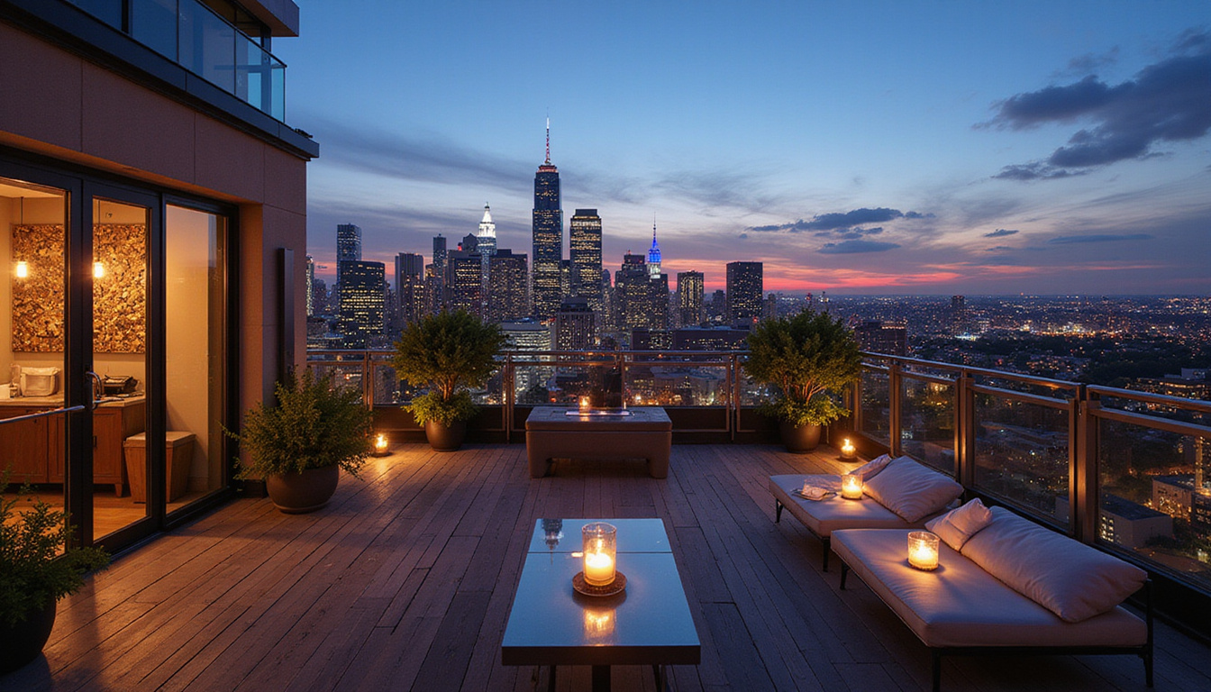  Evening rooftop terrace with private concierge, ambient lighting, champagne, discerning travelers enjoying skyline view