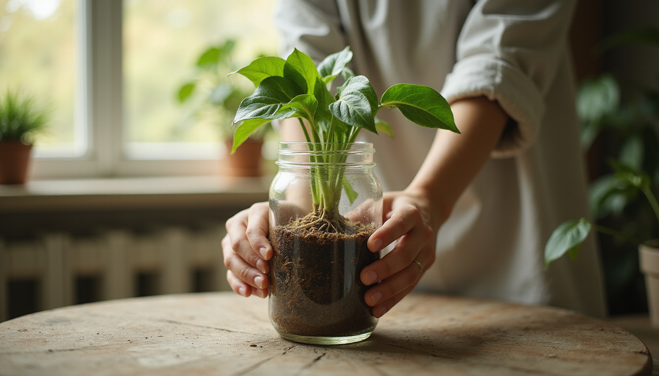  Close-up hands propagating philodendron cutting in water jar, vibrant roots, warm natural light