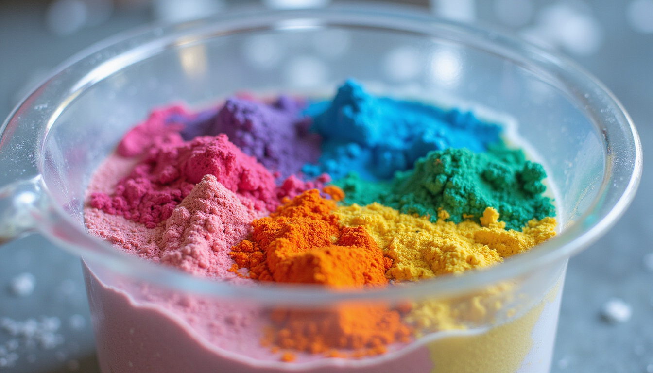  Close-up macro: colorful powders dissolving in glass beaker, crystalline particles, clean lab background