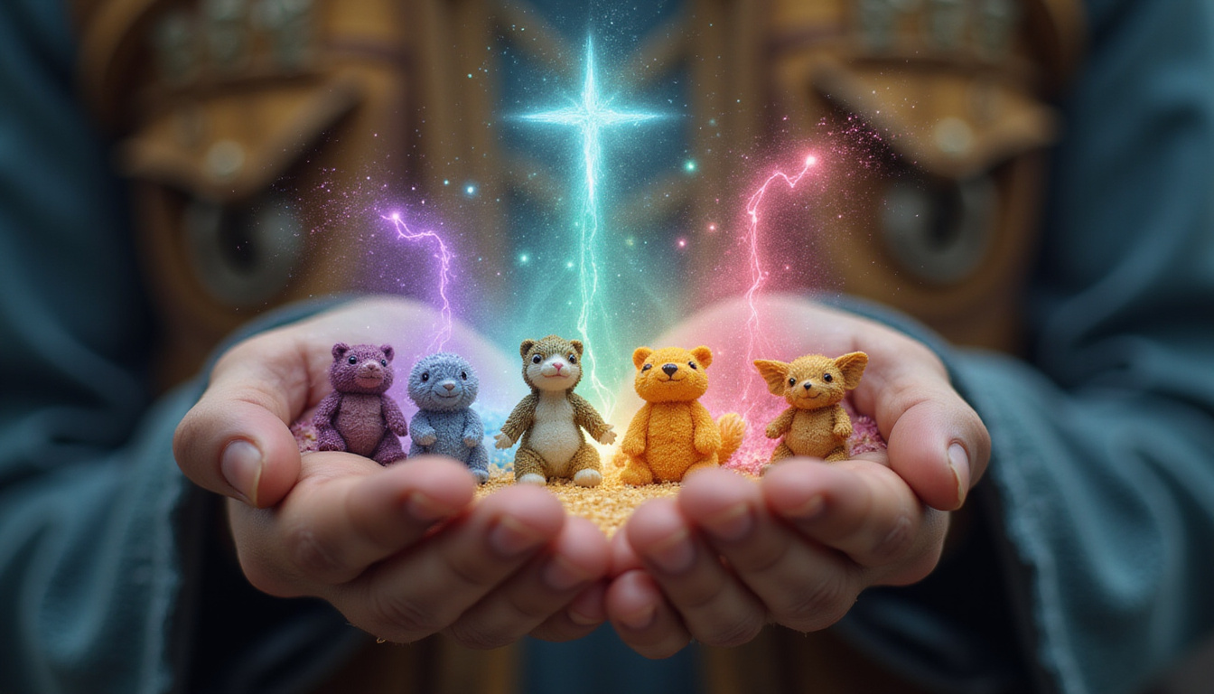  Open palm holding miniature spirit animals emitting colored auras, ancient sigils floating