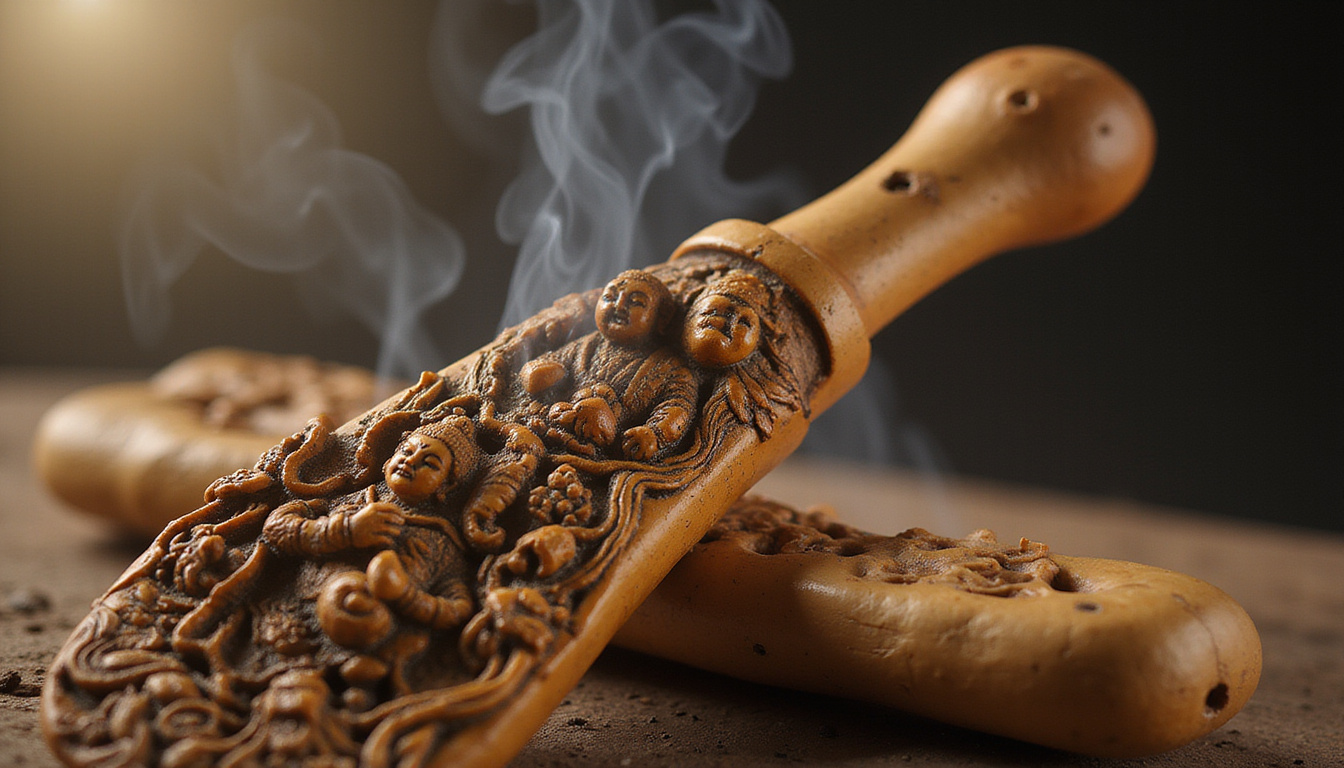 Close-up carved yak-bone handle phurba, engraved deities, incense smoke, golden light halo