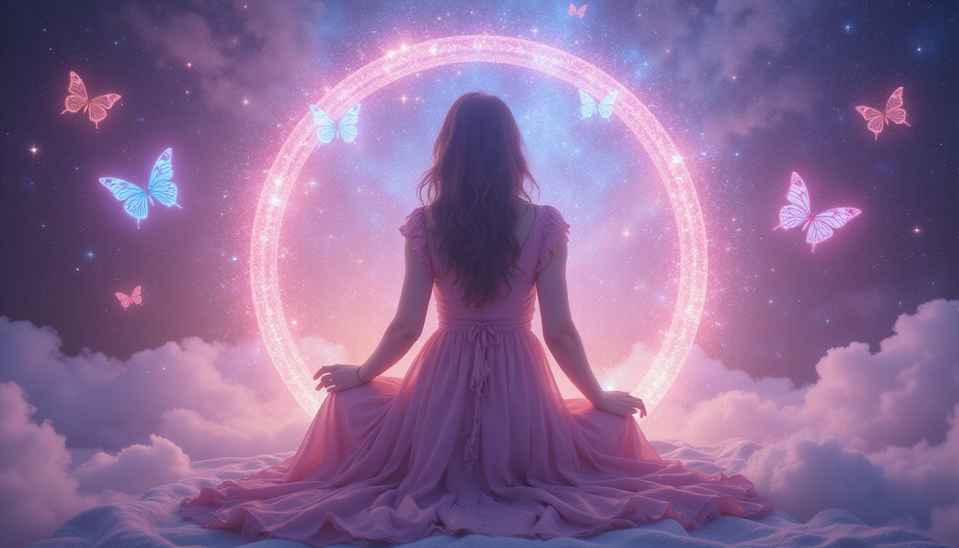  Mystical woman holding The Lovers card, butterflies emerging, cosmic portal, soft pink-blue light