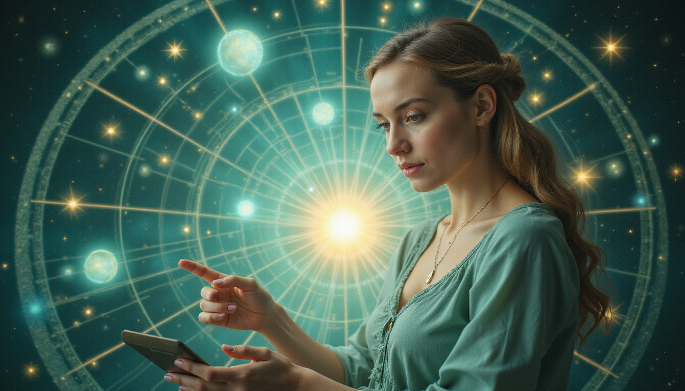 Elegant astrologer studying birthchart, radiant money energies, celestial light, soft teal and gold