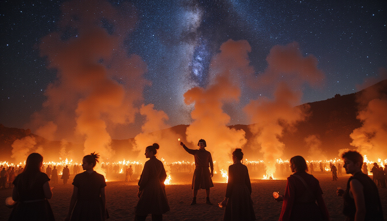 Ancient festival under totality, torches, masked dancers, community gazing, mythic atmosphere, starry sky