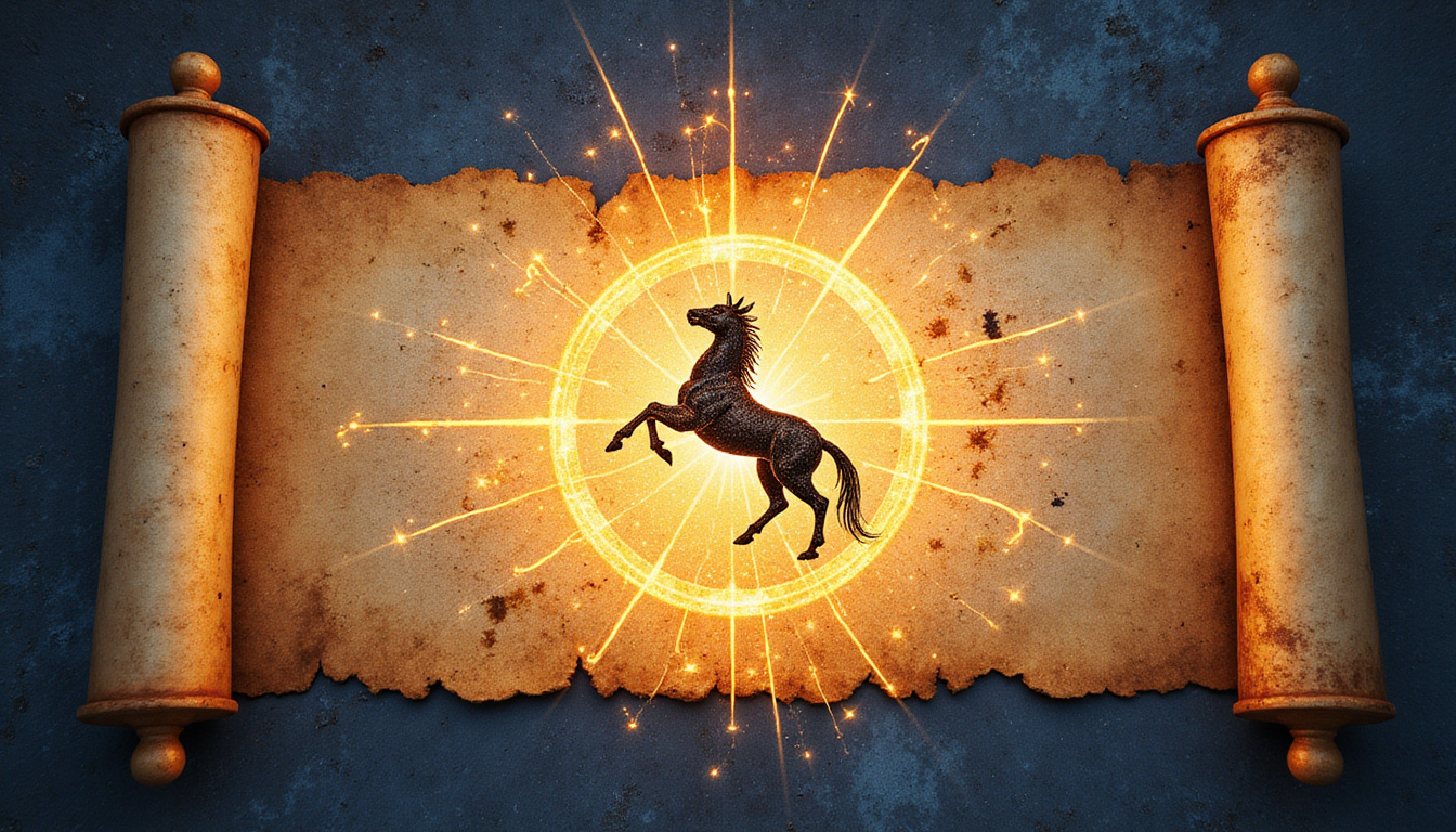 Ancient scroll unfolding Chiron constellation, wounds transmuting into radiant sigils and healing light