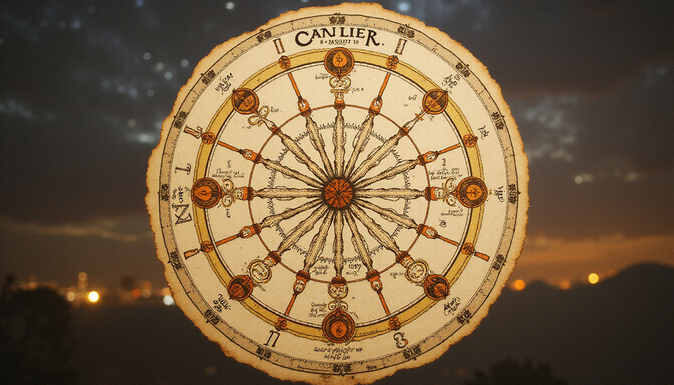 Vintage astrological wheel hovering between lovers, intricate synastry lines, heart-shaped natal charts