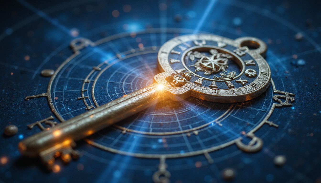  Luminous golden key unlocking intricate zodiac network, ethereal beams reveal hidden patterns, serene blue cosmos