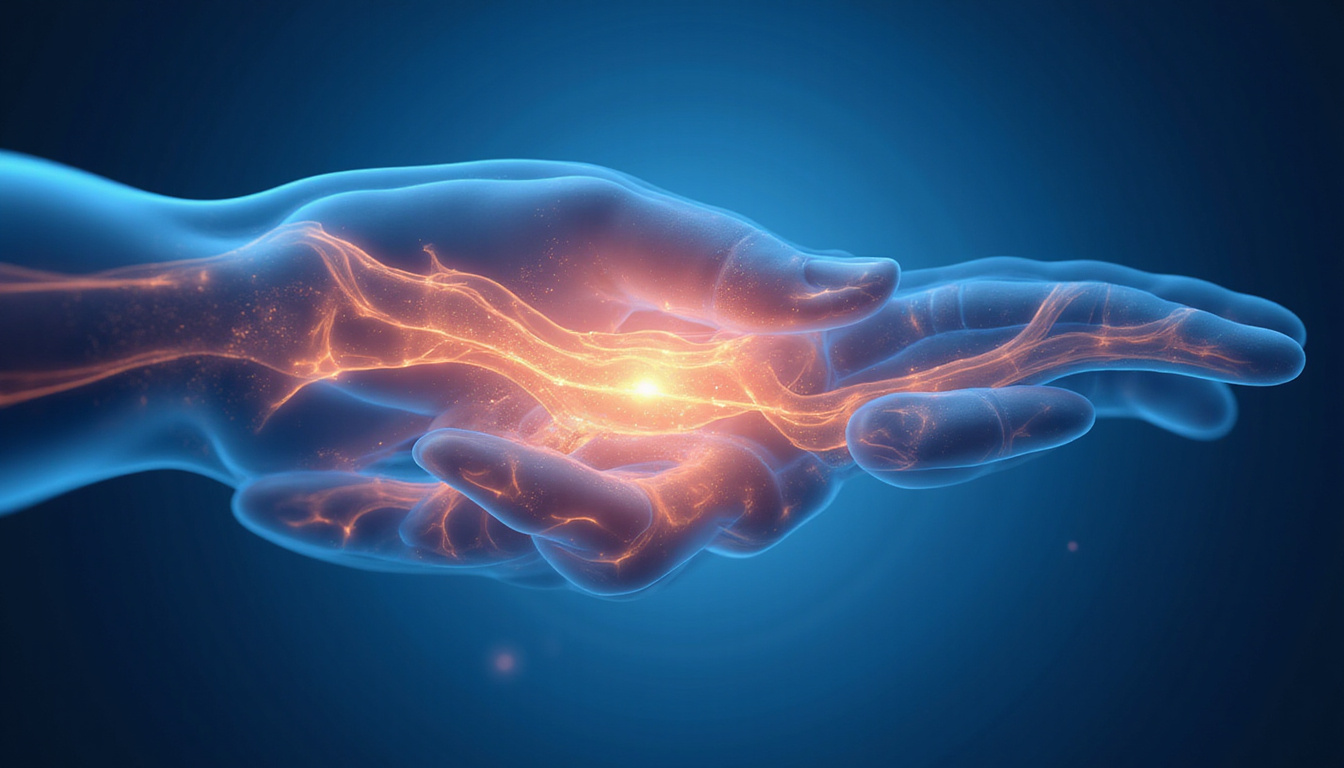  Medical illustration of hand anatomy with glowing sliding tendons, blue background, reassuring soft light