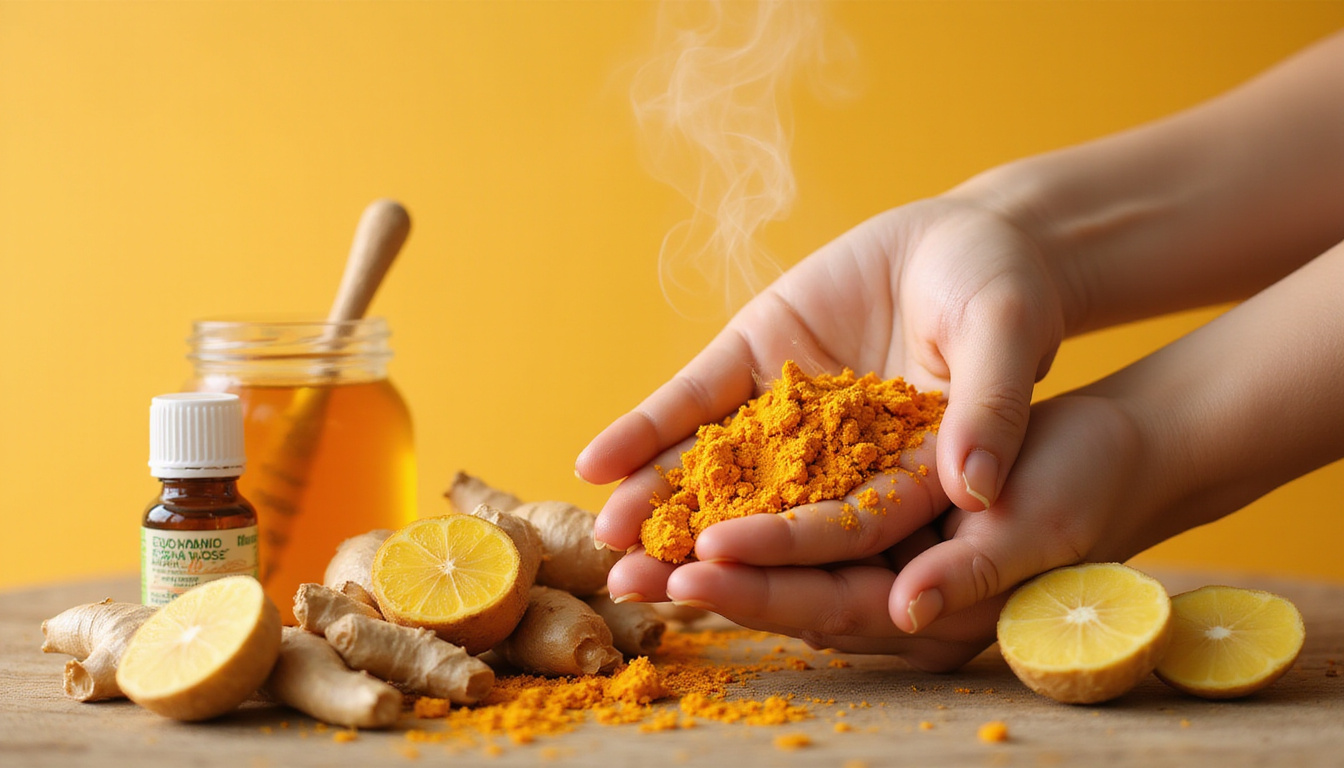  Close-up hands with turmeric paste, sliced ginger, honey jar, eucalyptus oil bottle, steam rising