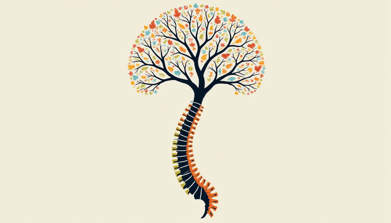  Symbolic spine transforming into tree, interconnected icons for psychology, community, movement, holistic rehabilitation