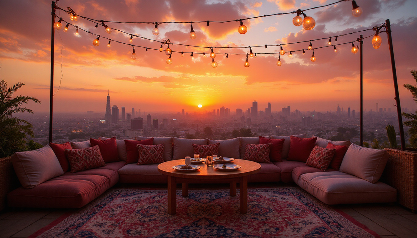 Cairo skyline sunset, string lights, patterned cushions, mezze plates, cinematic panoramic view, vibrant warm tones