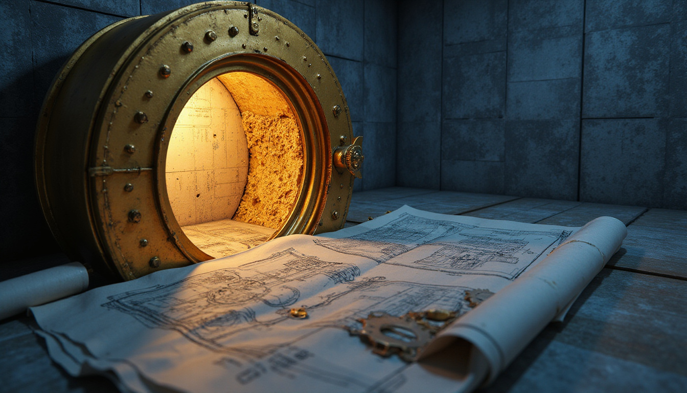 Golden secret vault opening to reveal data blueprints, gears, growth rocket, luminous dashboard