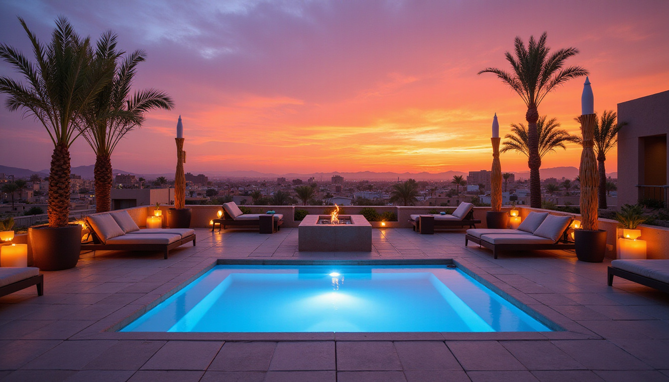  Rooftop terrace of Luxor boutique hotel at sunset, papyrus lamps, intimate pool, desert silhouettes