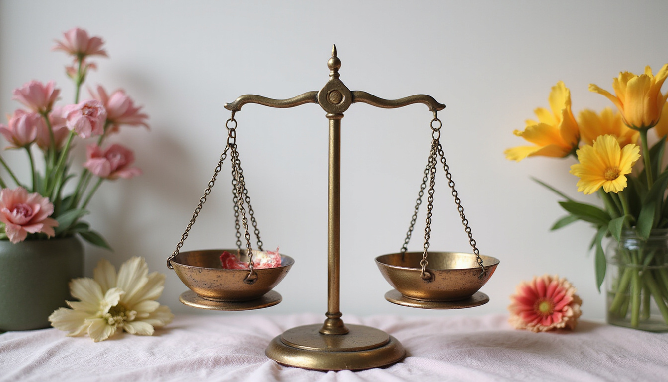  Symbolic scales balanced between stained ritual cloth and blooming flowers, contemplative witnesses, muted palette