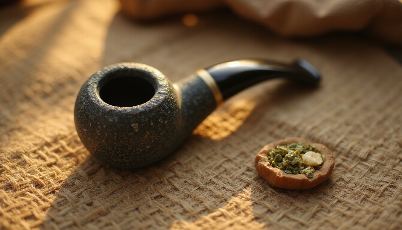  Close-up polished stone pipe on woven cloth, sacred herbs, soft golden light
