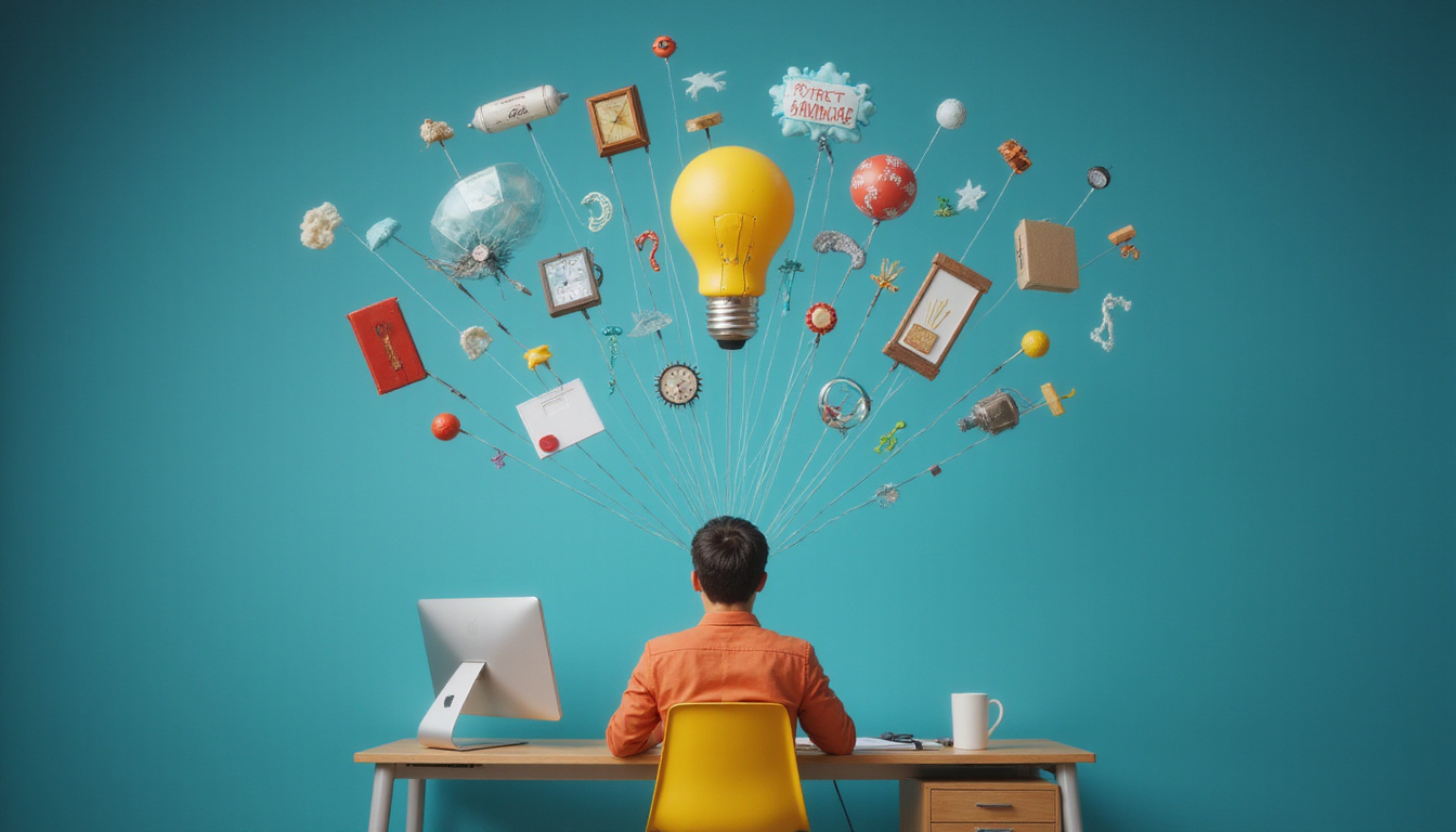  Everyday objects orbiting head like puppeteer strings, office worker hypnotized, cinematic surrealism