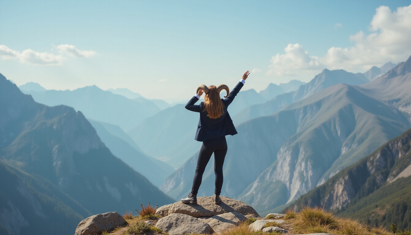 Determined woman with ram horns, business suit, triumphant pose on mountain peak