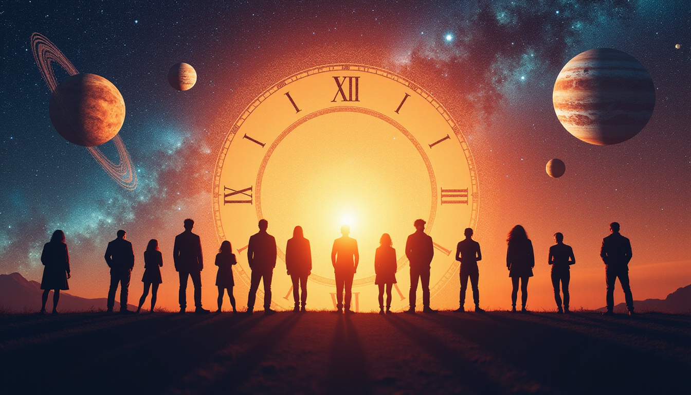 Silhouetted human timeline through zodiac, planets aligned like clockwork, warm cosmic light