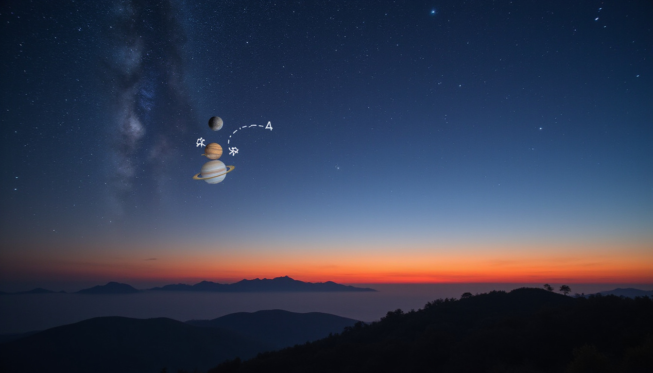 Annotated star map overlay showing rare planetary pairing Jupiter and Saturn glowing above western dusk