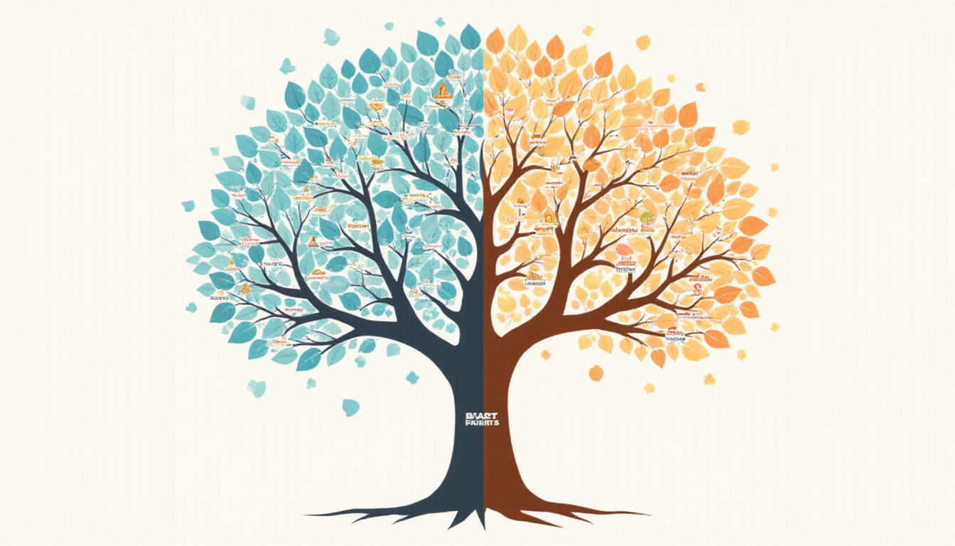 Infographic-style tree with labeled personality branches connecting compatible pairs, pastel palette, modern flat design