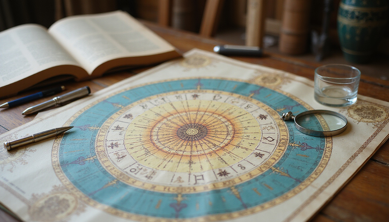 Professional astrologer desk, illuminated birth chart with color-coded aspects, magnifying glass, vintage maps