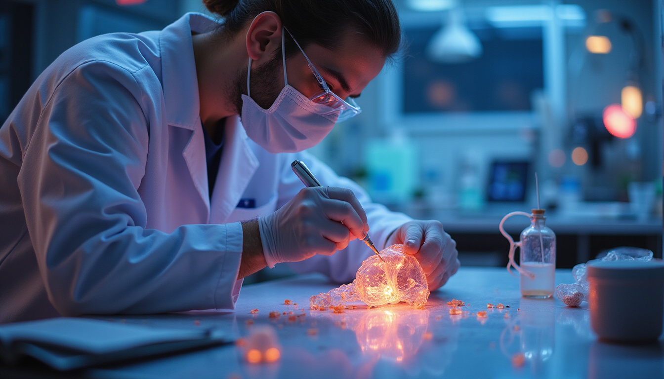  Futuristic lab scientist applying molecular therapy to osteoarthritic cartilage, vibrant healing matrix