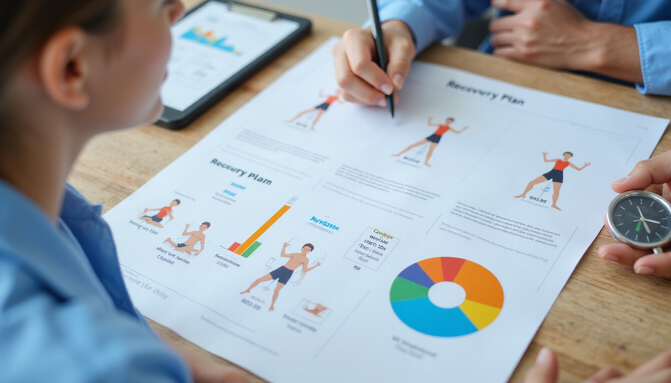 Close-up of detailed recovery plan, illustrated charts, mobility exercises, stopwatch, compassionate clinician